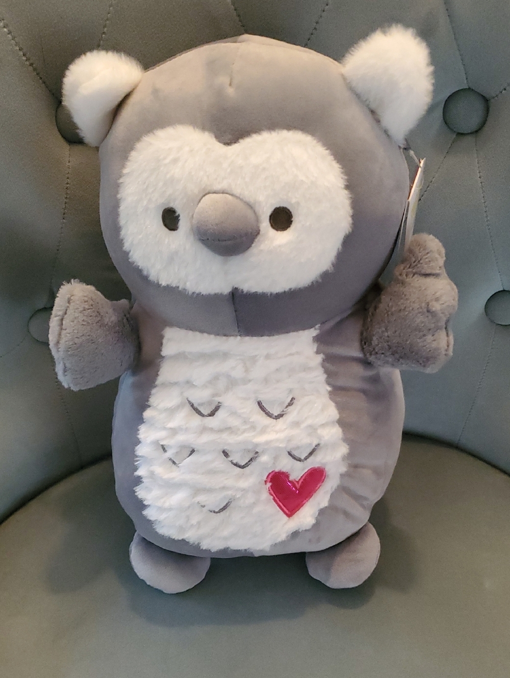 Squishmallows Gray White Plush Owl with Pink Heart